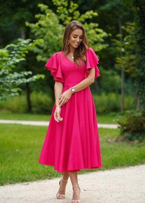 Sukienka midi gładka rękaw falbanki fuksja
