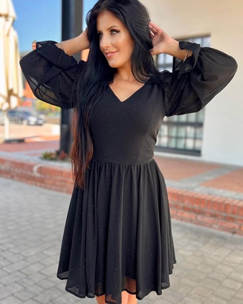 Sukienka krótka długi rękaw brokat czarna