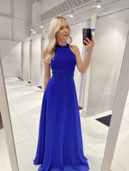 Sukienka długa ozdobna góra i plecy granat