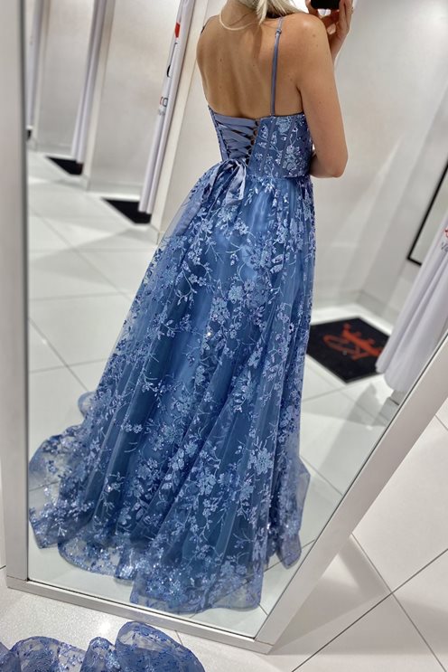 Sukienka długa tiulowa zdobiona brokatem jeans
