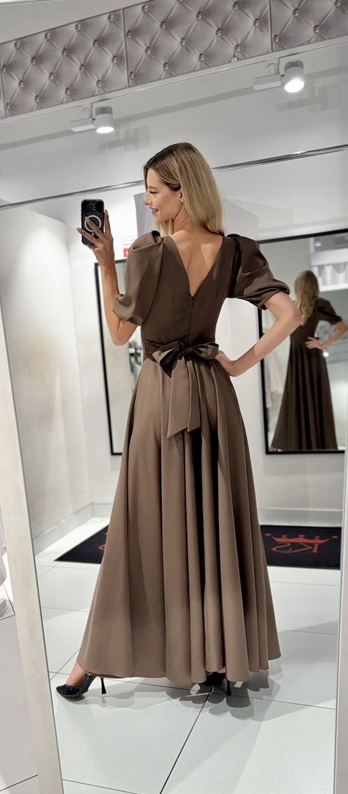 Sukienka długa bufiaste rękawki ciemny brąz