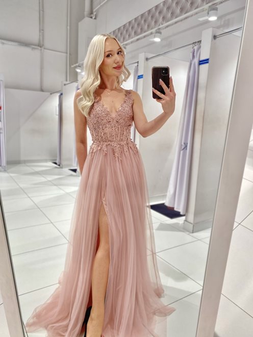 Sukienka długa tiulowa gorset koronka róż