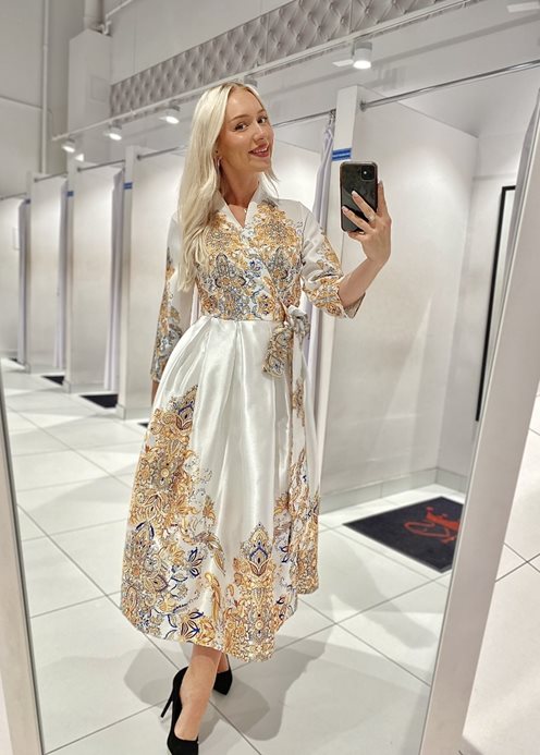 Sukienka midi wiązanie złote wzory biel