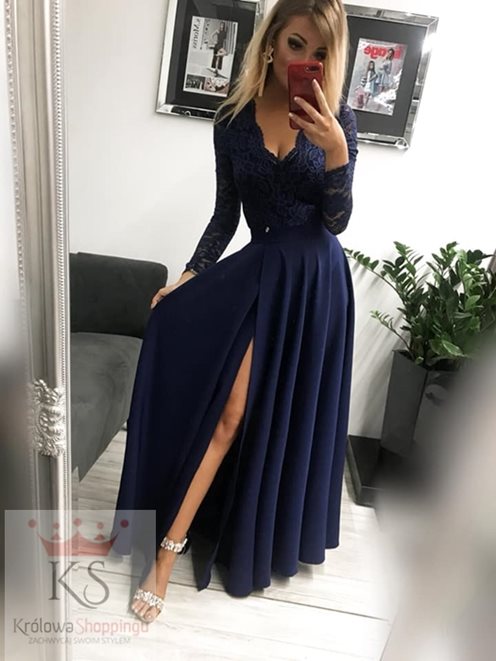 Długa sukienka plecy rękaw granat