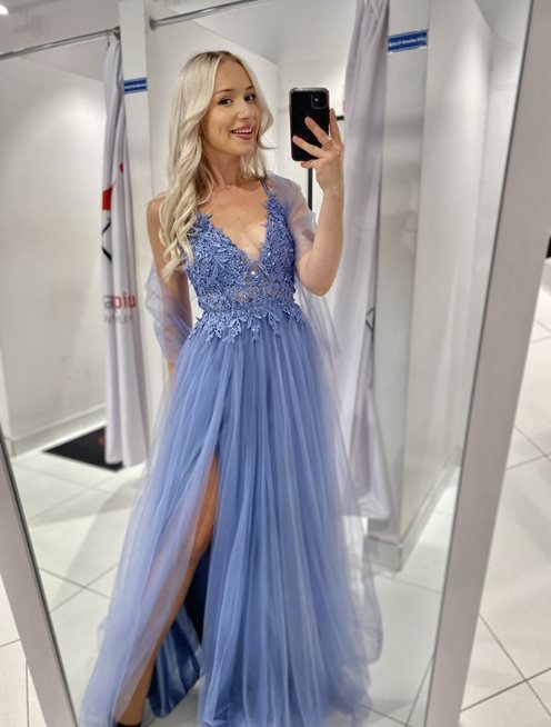 sukienka długa tiul koronka górą niebieski