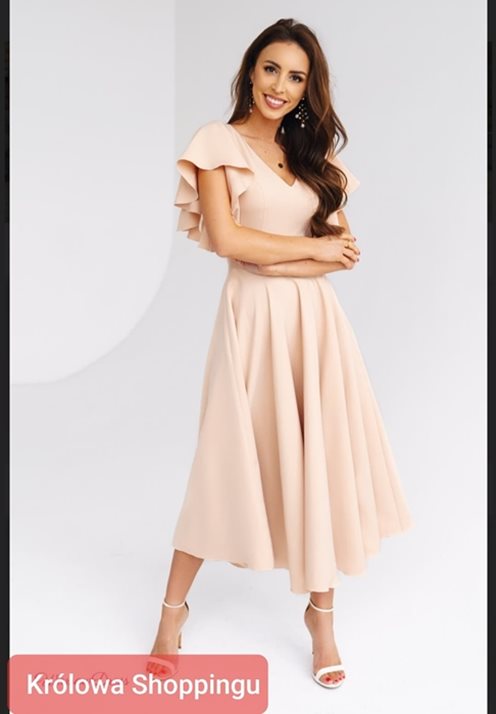 Sukienka midi gładka rękaw falbanki cappuccino