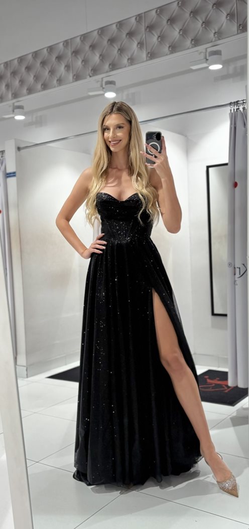 Sukienka długa gorset wiązane plecy brokat czerń