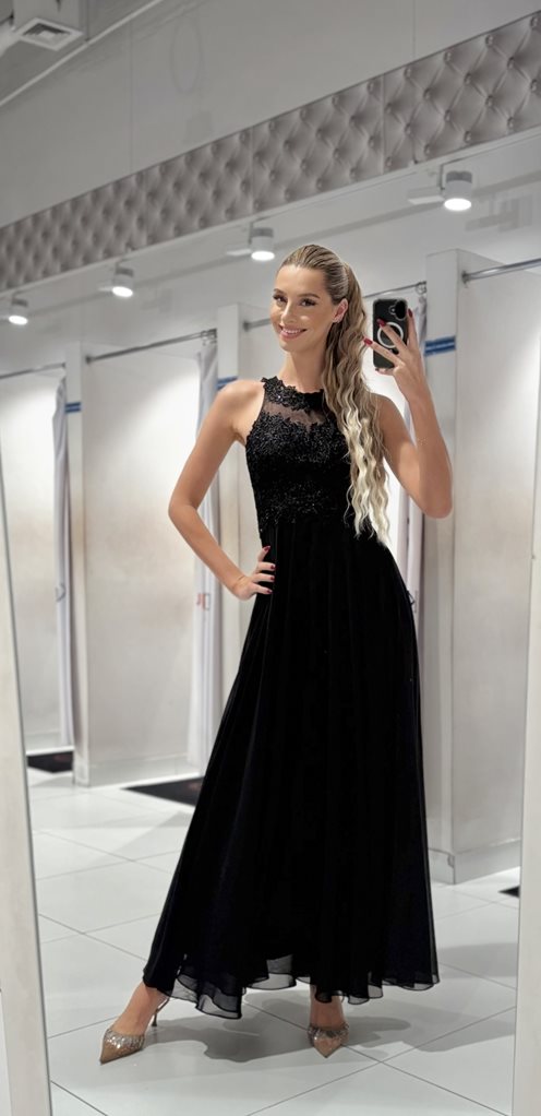 Długa sukienka zabudowany przód ozd plecy czarna