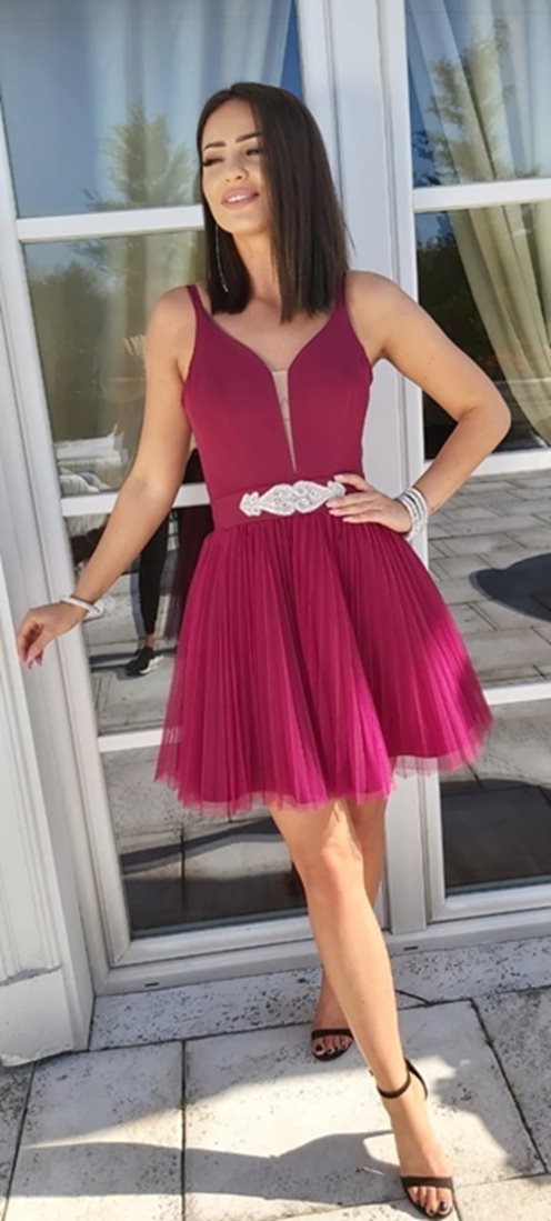 Sukienka krótka tiulowa plisowany dół bordo