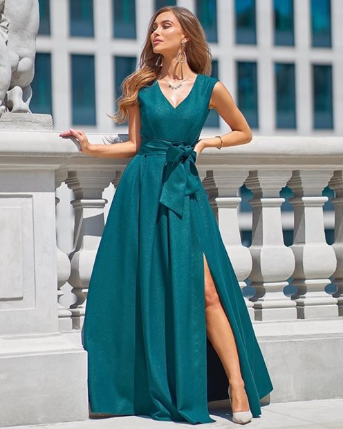 Sukienka długa gruby pas zakładki zieleń