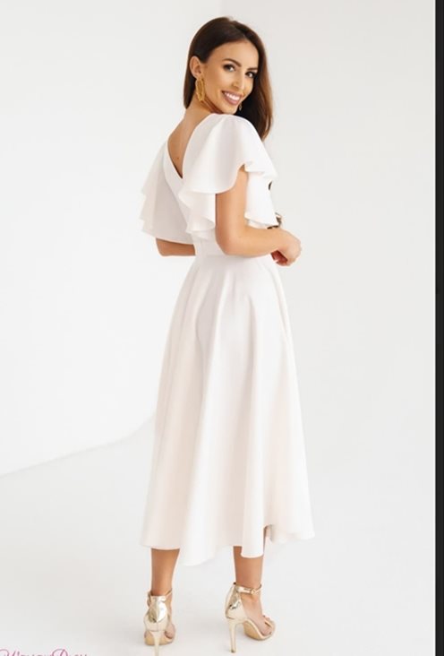 Sukienka midi gładka rękaw falbanki biała