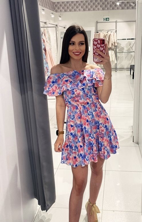 Sukienka krótka hiszpanka LATO róż-błekit