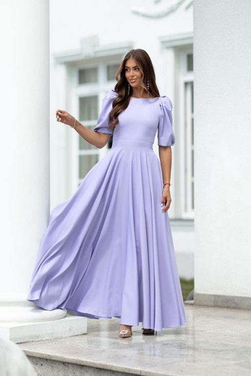 Sukienka długa bufiaste rękawki fiołkowy