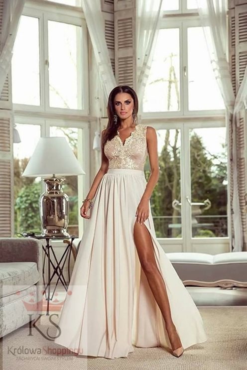 Sukienka długa koronkowy dekolt cappucino