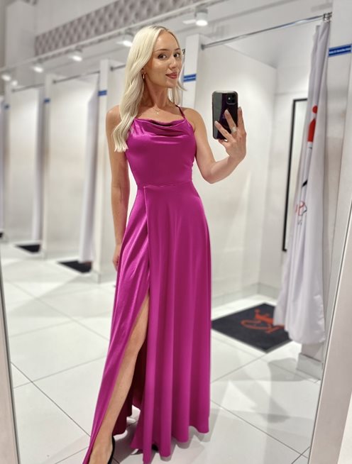 Sukienka długa satynowa wiązana purpura