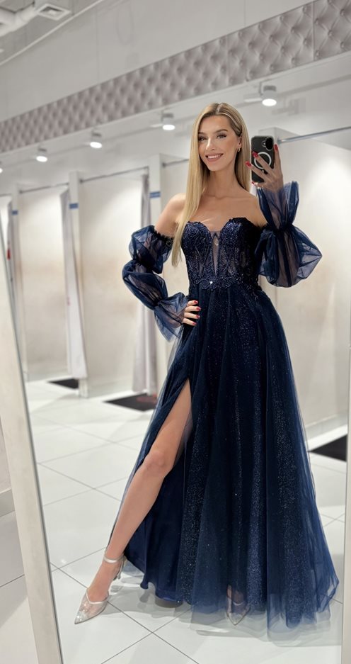 Sukienka długa tiulowa gorset zdobiony rękaw grana