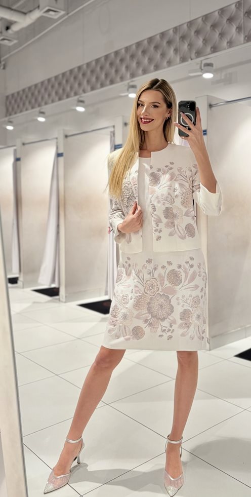 Elegancki żakiet kwiaty róż/biel