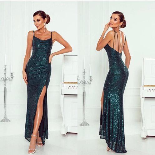 Sukienka długa cekiny dekolt woda zieleń