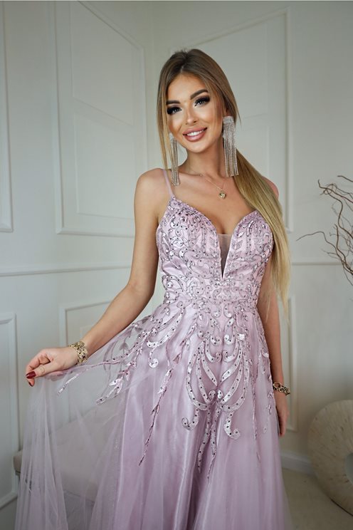 Sukienka długa koronka dół tiul błyszczący wrzos