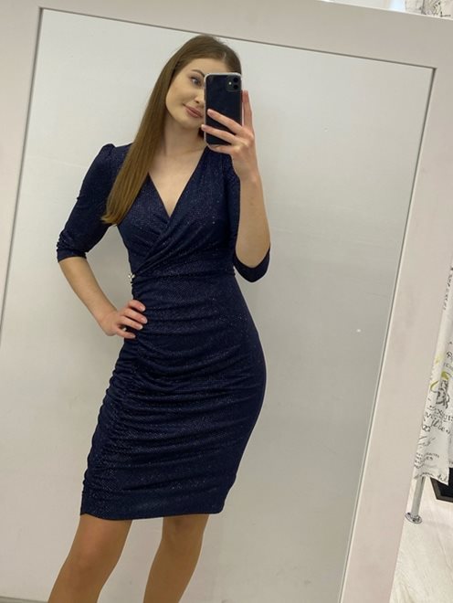 Sukienka krótka z rękawkiem i dekoltem V granat