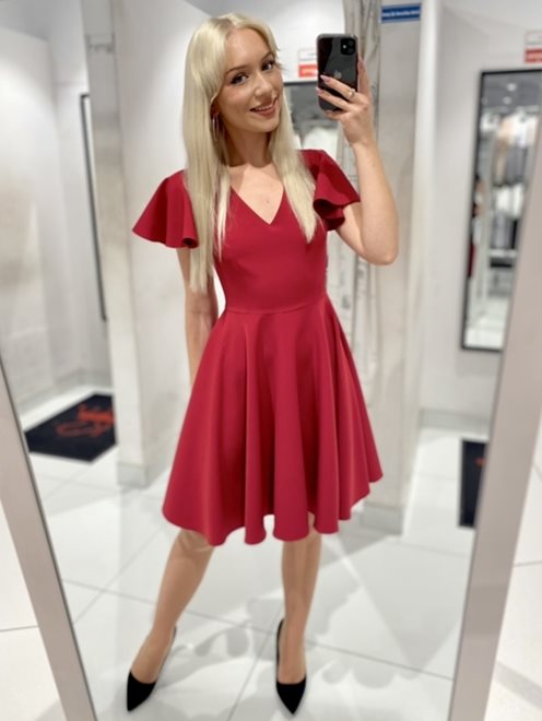 Sukienka krótka rękawek falbanka bordo