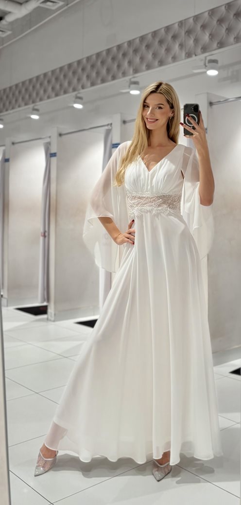 Sukienka długa rękawek zdobiona talia biel