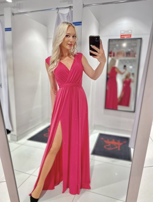 Długa sukienka fala dekolt brokat fuksja