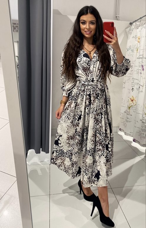 Sukienka midi z wiązaniem w talii biel-czerń