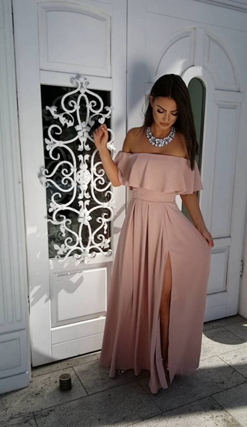 Długa lekka sukienka gładka rękaw falbanki beż