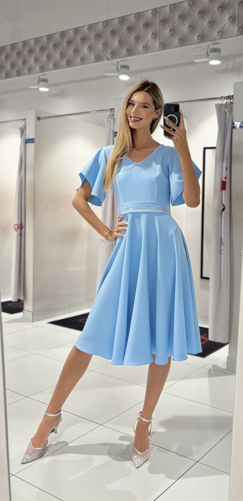 Sukienka midi rękawek pas ozdoba błękit