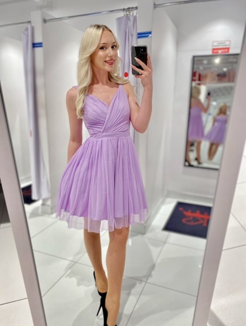 Sukienka krótka błysk na ramiączkach lilia