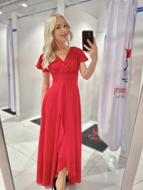 Sukienka długa rękawek motylek błysk czerwona