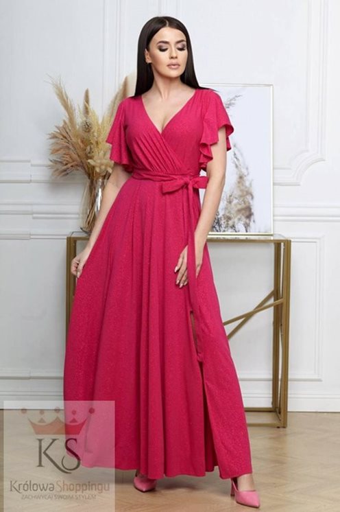 Długa sukienka rękawek brokat fuksja