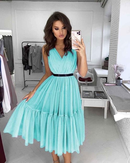 Sukienka midi tiulowa grube ramiączka mięta