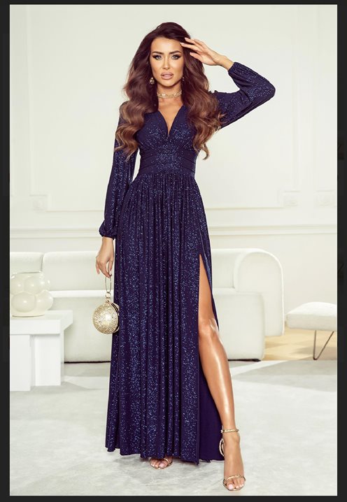 Sukienka długa brokat odcięcie długi rękaw granat