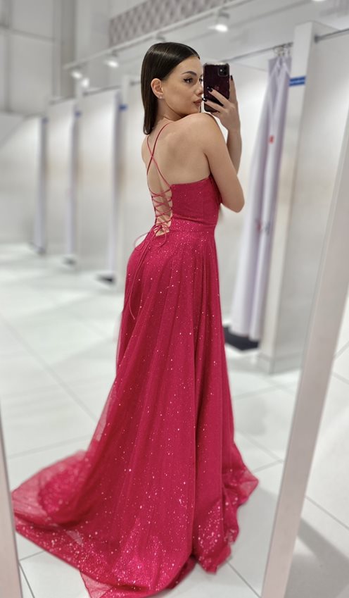 Sukienka długa gorset wiązane plecy brokat fuksja