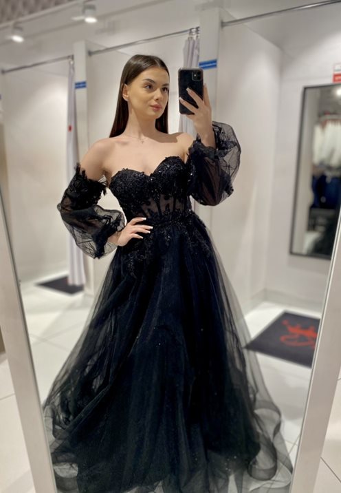 Sukienka długa bufiasty rękaw koronka gorset czerń