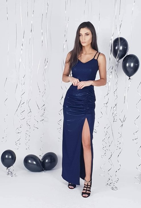 Długa sukienka dopasowana błyszcząca granat