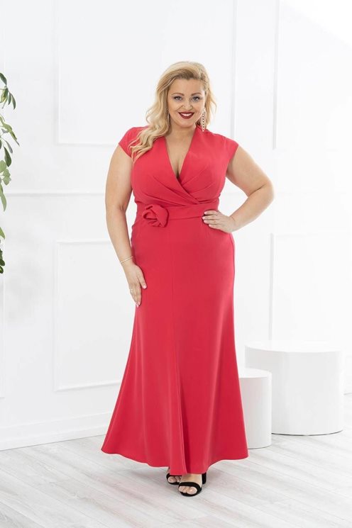 Sukienka długa klasyczna z rękawkiem pasek malina