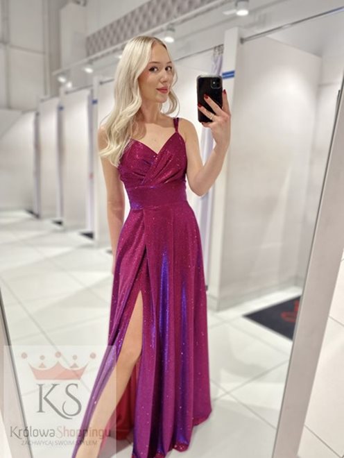 Sukienka długa na ramiączkach brokat fiolet