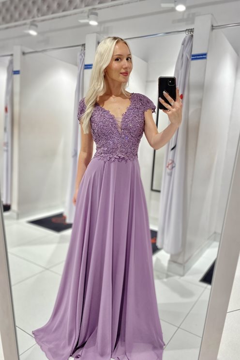 Sukienka długa z rękawkiem zdobienia lawenda