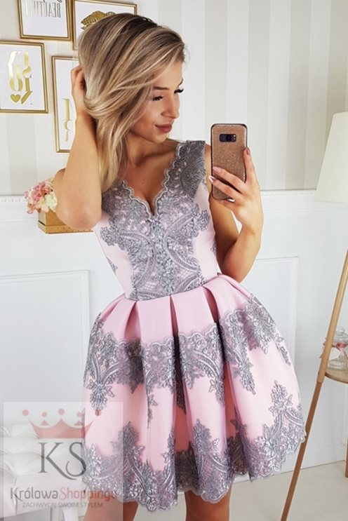 Sukienka koronkowa klosz róż/szary