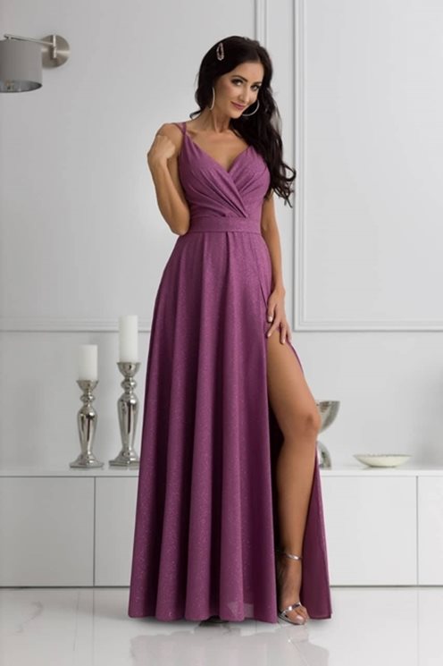 Długa sukienka na ramiączka brokat jagoda