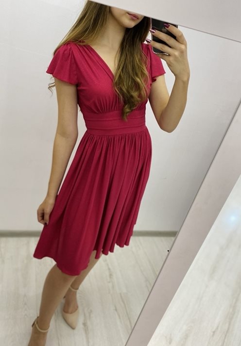 Sukienka krótka odcięcie pod biustem brokat malina