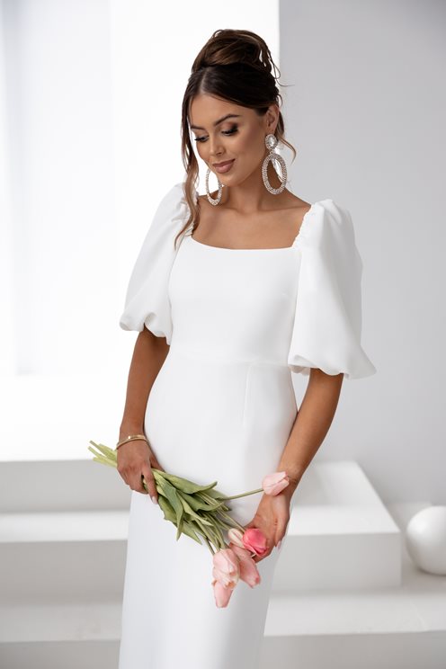 Sukienka midi prosta bufiaste rękawki biel