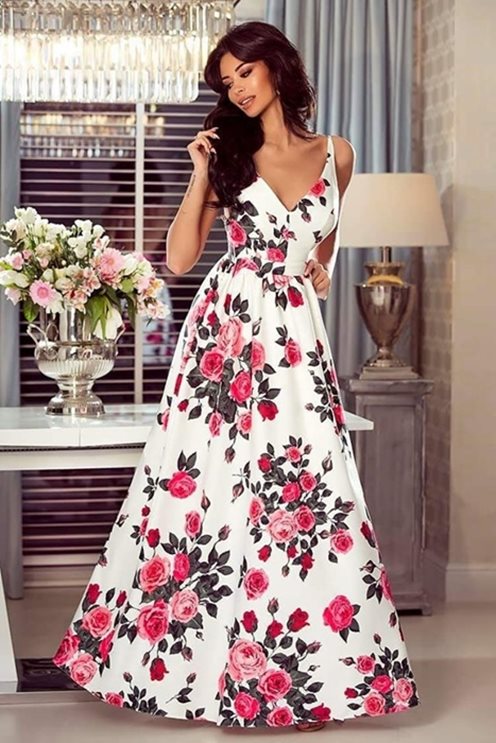 Długa suknia motyle kwiaty róże biały