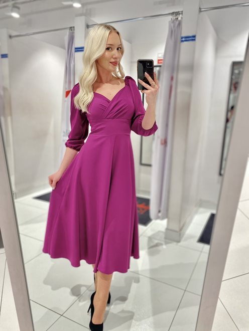 Sukienka midi rękawek 3/4 pas śliwka