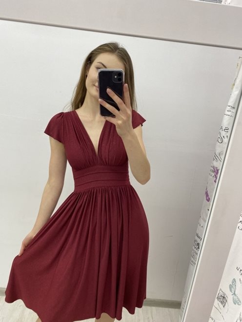 Sukienka krótka odcięcie pod biustem brokat bordo