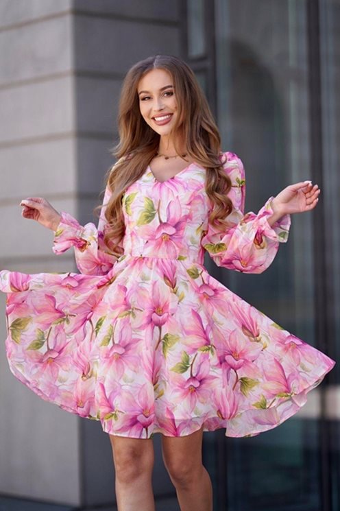 Sukienka krótka na gumce długi rękaw neonowy róż