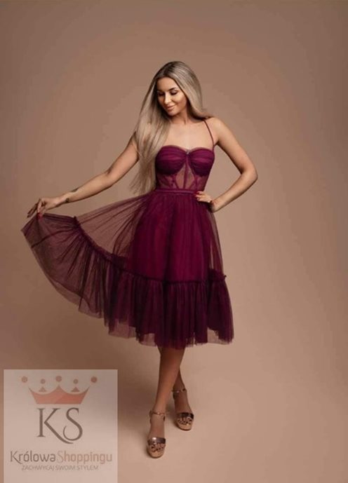 Sukienka midi gorsetowa tiul ramiączka śliwka